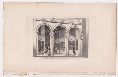 Antique engraving print North Entrance of Burlington Arcade, London, 1820