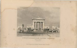 Antique Engraving Print, "London & Birmingham Railway Terminus, Euston Square, 1829