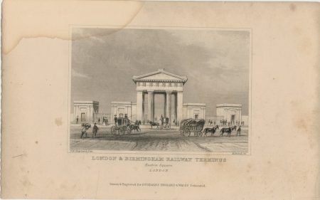 Antique Engraving Print, "London & Birmingham Railway Terminus, Euston Square, 1829