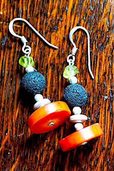 Unique handmade earrings, silver 925, coral, olivina and volcanic black stone