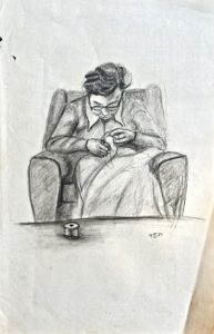 Woman sewing, graphite on paper