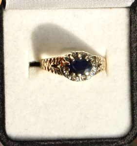 Vintage 9c. gold ring, sapphire and diamonds, signed, 1979