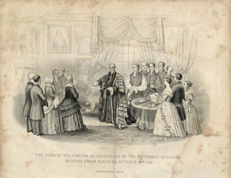 Antique Engraving Print,The Duke of Wellington as Chancellor of the University of Oxford receives Queen Adelaide October 19, 1835