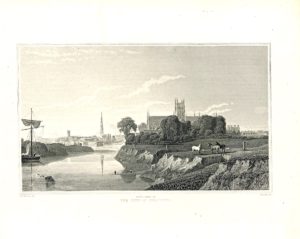 Antique Engraving Print, South View of the City of Worcester, 1826