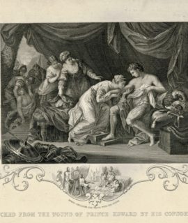 Rare Antique Engraving Print, Poison Sucked from the wound of Prince Edward by His Consort Eleanor, 1850