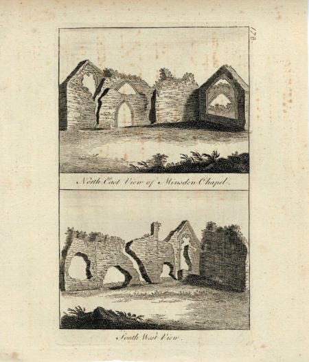 Antique Engraving Print, North East View of Minsden Chapel; South West View, 1770