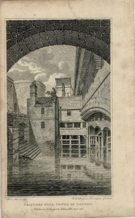Antique Engraving Print, Traitors Gate, Tower of London, 1806