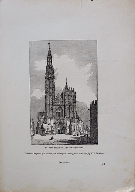 Antique Engraving Print, West Front of Antwerp Cathedral, 1835