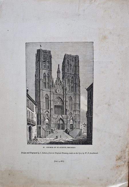 Antique Engraving Print, Church of St. Gudule, Brussels, 1835