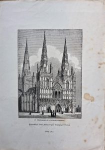 Antique Engraving Print, West Front of Lichfield Cathedral, 1835