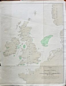 Rare Carte des Iles Britanniques indiquant les localités visitées par la commission d'enquête sur le pêche, 1890