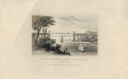 Antique Engraving Print, The Suspension Bridge, Near Bangor, 1830