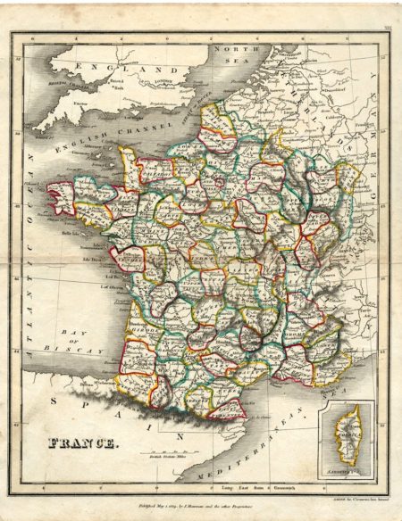 Rare Antique Map, France, 1819
