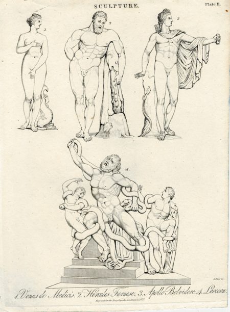 Rare Antique Engraving Print, Venus, Hercules, Apollo, Laocoon, 1827
