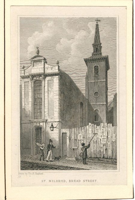 Antique Engraving Print, St, Mildred, Bread Street, 1816