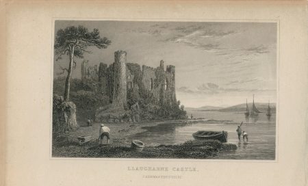 Antique Engraving Print, Llaugharne Castle, Caermarthenshire