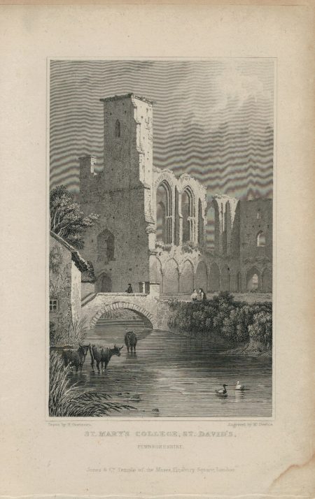 Antique Engraving Print, St. Mary's College, St. David's, Pembrokeshire, 1831