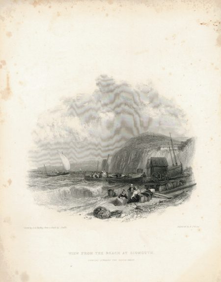Antique Engraving Print, View from the Beach at Sidmouth, 1842