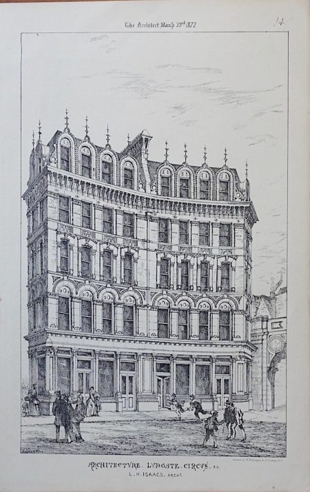 Antique Print, Architecture Ludgate Circus, 1872