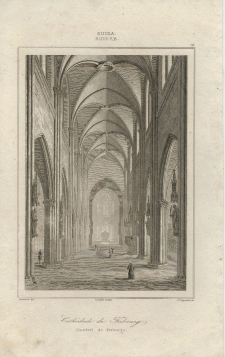 Antique Engraving Print, Cathedrale de Fribourg, 1830