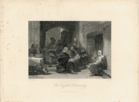 Antique Engraving Print, Old English Hospitality, 1840
