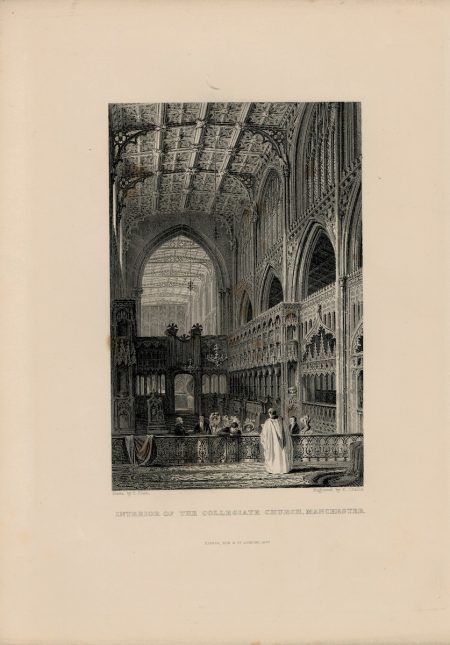 Antique Engraving Print, Interior of the Collegiate Church, Manchester, 1844