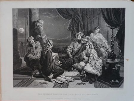 Antique Engraving Print, The Scribes Reading the Chronicle to Ahasuerus, 1867