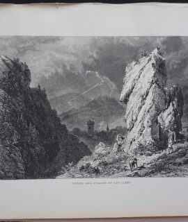 Antique Print, Tower and Village of Les Cléés, 1870