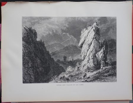 Antique Print, Tower and Village of Les Cléés, 1870