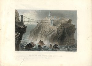 Antique Engraving Print, Bridge to the South Stack Lighthouse, 1842