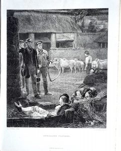 Antique Engraving Print, Strolling Players, 1873