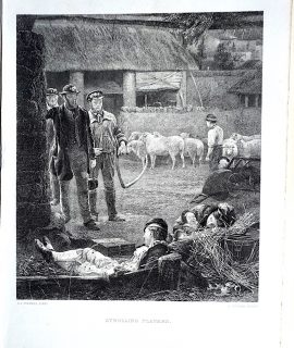 Antique Engraving Print, Strolling Players, 1873