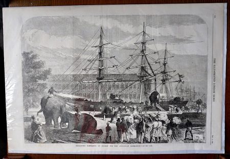 Antique Print, Embarking Elephants at Bombay for the Abyssinian Expedition, 1868
