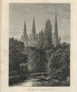 Antique Engraving Print, Lichfield Cathedral, 1860