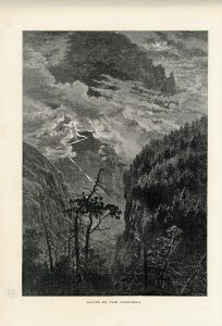 Antique Print, Cliffs of the Jungfrau; Mountain Chalet, 1871