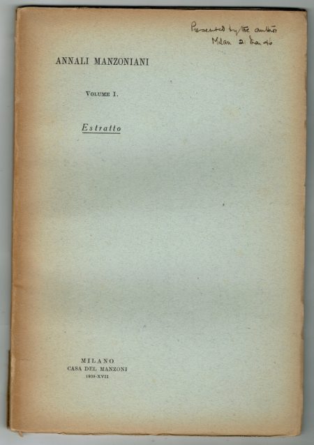 Annali Manzoniani, Vol. I, Estratto, Milano, 1939