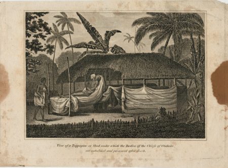 Antique Engraving Print, View of a Tippapow or Shed, under which the Bodies of the Chiefs of Otahaite are embalmed and preserved after death, 1770