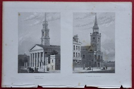 Antique Engraving Print, New Church; St. Mary Islington, 1850