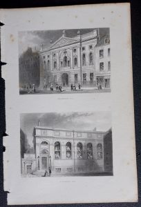 Antique Engraving Print, Ironmongers Hall; Stationers Hall, 1850