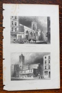 Antique Engraving Print, Cripplegate Church; St. Dionis Backchurch, 1850