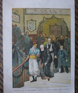 Antique Print, Christmas Day at the Seamen's Hospital, Greenwich-Coming Down to Dinner, 1879