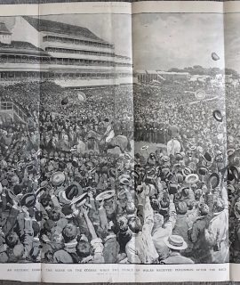 A Historic Derby, the Scene on the Course when the Prince of Wales received Persimmon after the Race. Illustration for The Graphic, 13 June 1896