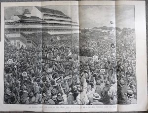 A Historic Derby, the Scene on the Course when the Prince of Wales received Persimmon after the Race. Illustration for The Graphic, 13 June 1896