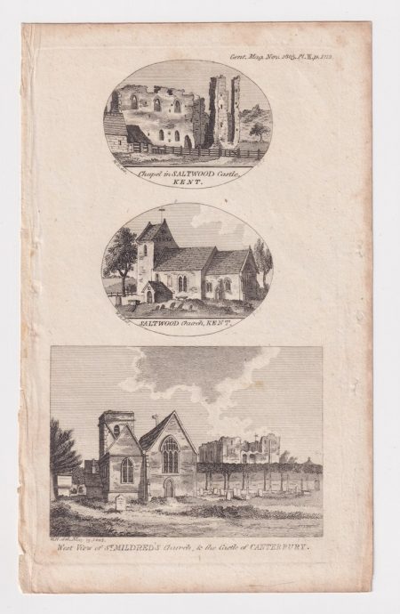 Antique Engraving Print, View of St. Mildred's Church & the Castle of Canterbury, 1803