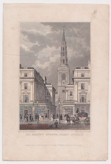 Antique Engraving Print, St. Bride's Avenue, Fleet Street, 1829