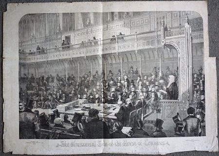 Antique Print, The Ministerial Side of the House of Commons, 1854