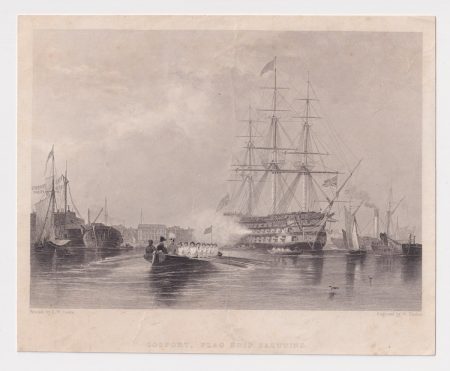 Antique Engraving Print, Gosport, Flag Ship Saluting, 1842