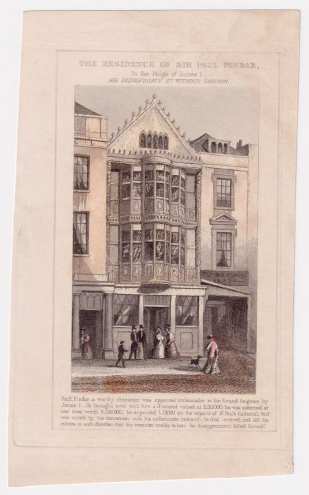 Antique Engraving Print, The Residence of the Sir Paul Pindar, 1840 ca.