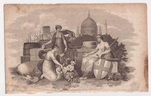 Antique Engraving Print, emblematical representation commerce, London, 1805