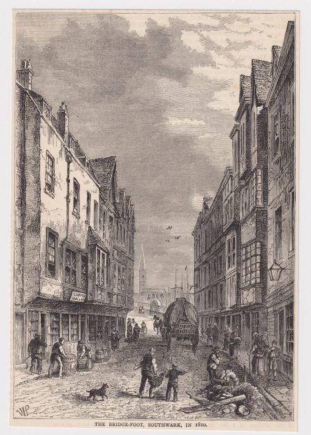 Antique Print, The Bridge-Foot, Southwark, 1880